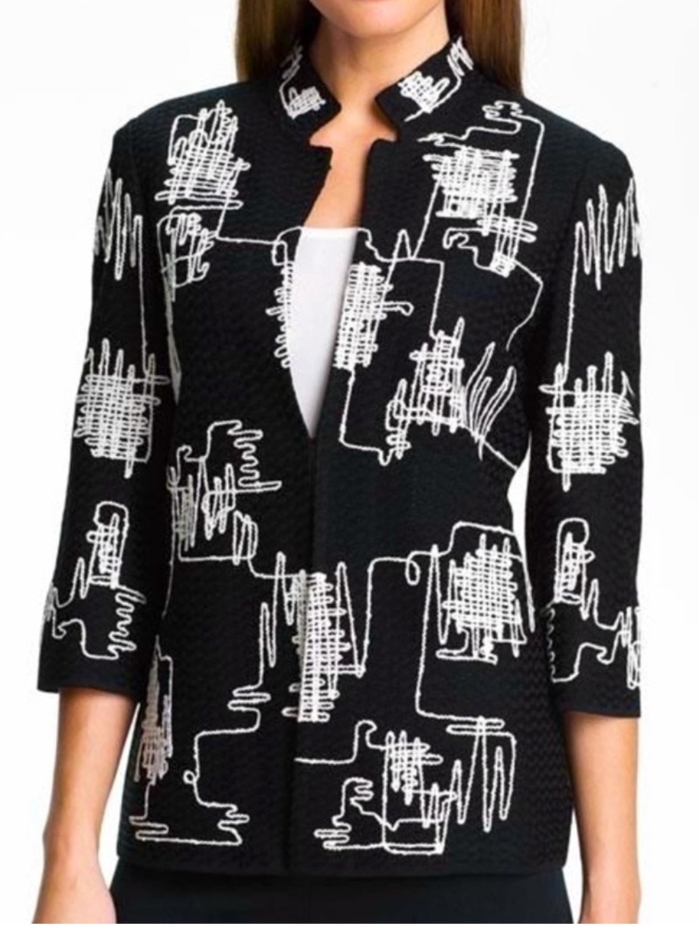 EUC Ming Wang Embroidered Knit Jacket 3/4 Sleeve Black White size Small